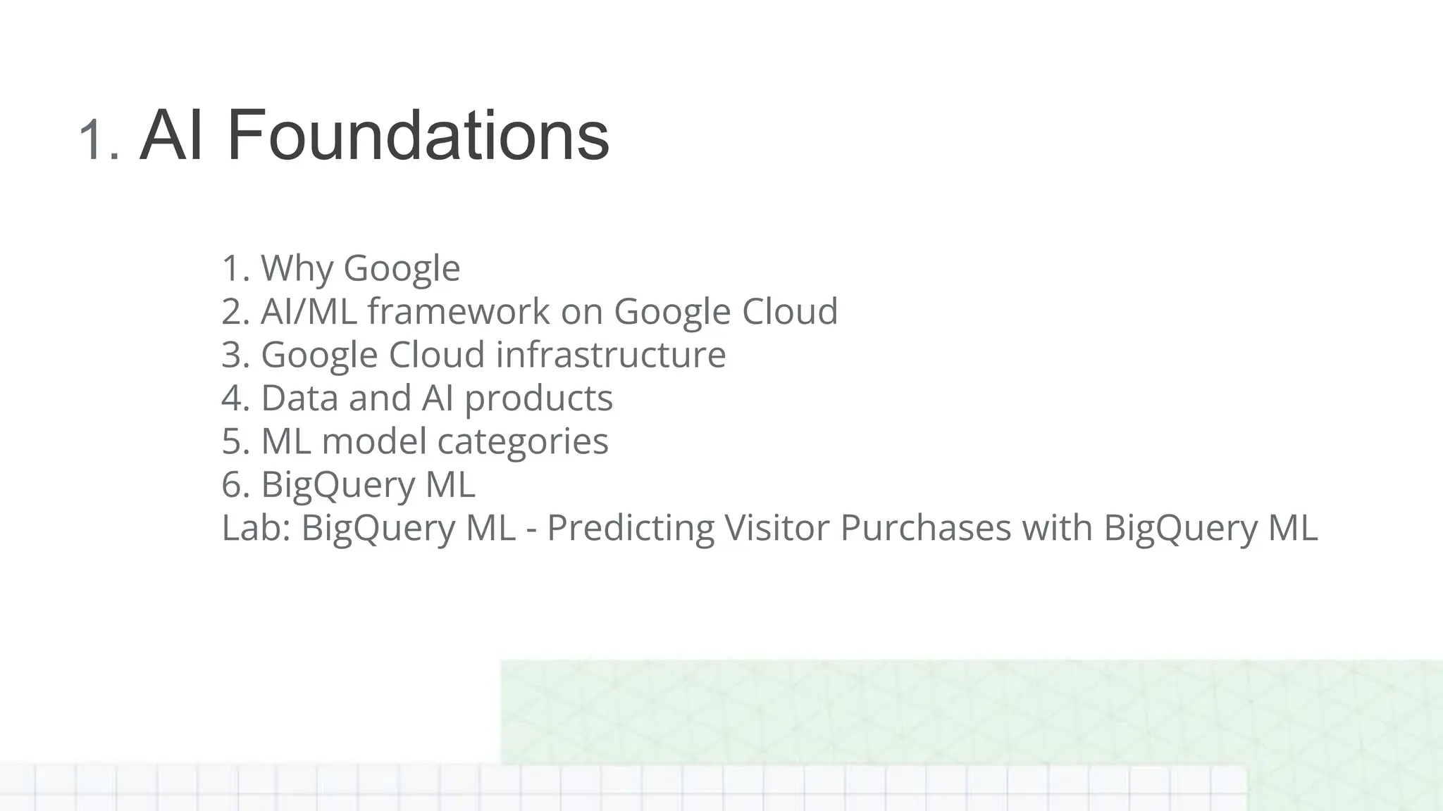 1. Why Google
2. AI/ML framework on Google Cloud
3. Google Cloud infrastructure
4. Data and AI products
5. ML model categories
6. BigQuery ML
Lab: BigQuery ML - Predicting Visitor Purchases with BigQuery ML
1. AI Foundations
 