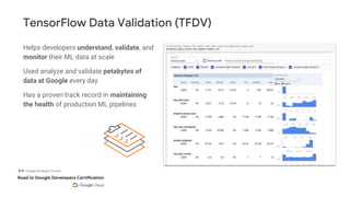 TensorFlow Data Validation (TFDV)
Helps developers understand, validate, and
monitor their ML data at scale
Used analyze and validate petabytes of
data at Google every day
Has a proven track record in maintaining
the health of production ML pipelines
 