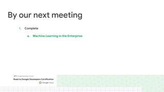 By our next meeting
1. Complete
a. Machine Learning in the Enterprise
 