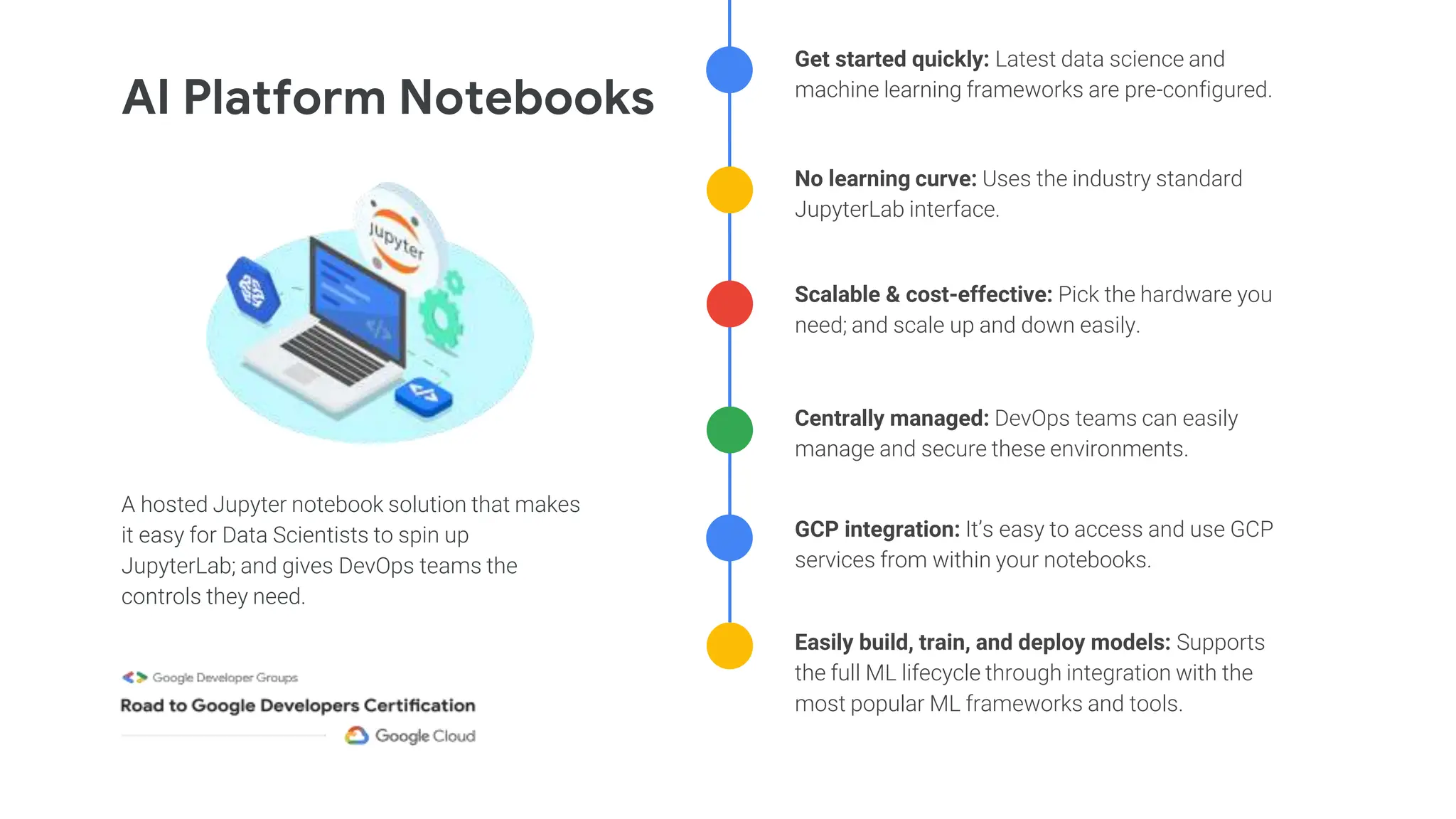 AI Platform Notebooks
A hosted Jupyter notebook solution that makes
it easy for Data Scientists to spin up
JupyterLab; and gives DevOps teams the
controls they need.
Centrally managed: DevOps teams can easily
manage and secure these environments.
Get started quickly: Latest data science and
machine learning frameworks are pre-configured.
No learning curve: Uses the industry standard
JupyterLab interface.
Scalable & cost-effective: Pick the hardware you
need; and scale up and down easily.
GCP integration: It’s easy to access and use GCP
services from within your notebooks.
Easily build, train, and deploy models: Supports
the full ML lifecycle through integration with the
most popular ML frameworks and tools.
 