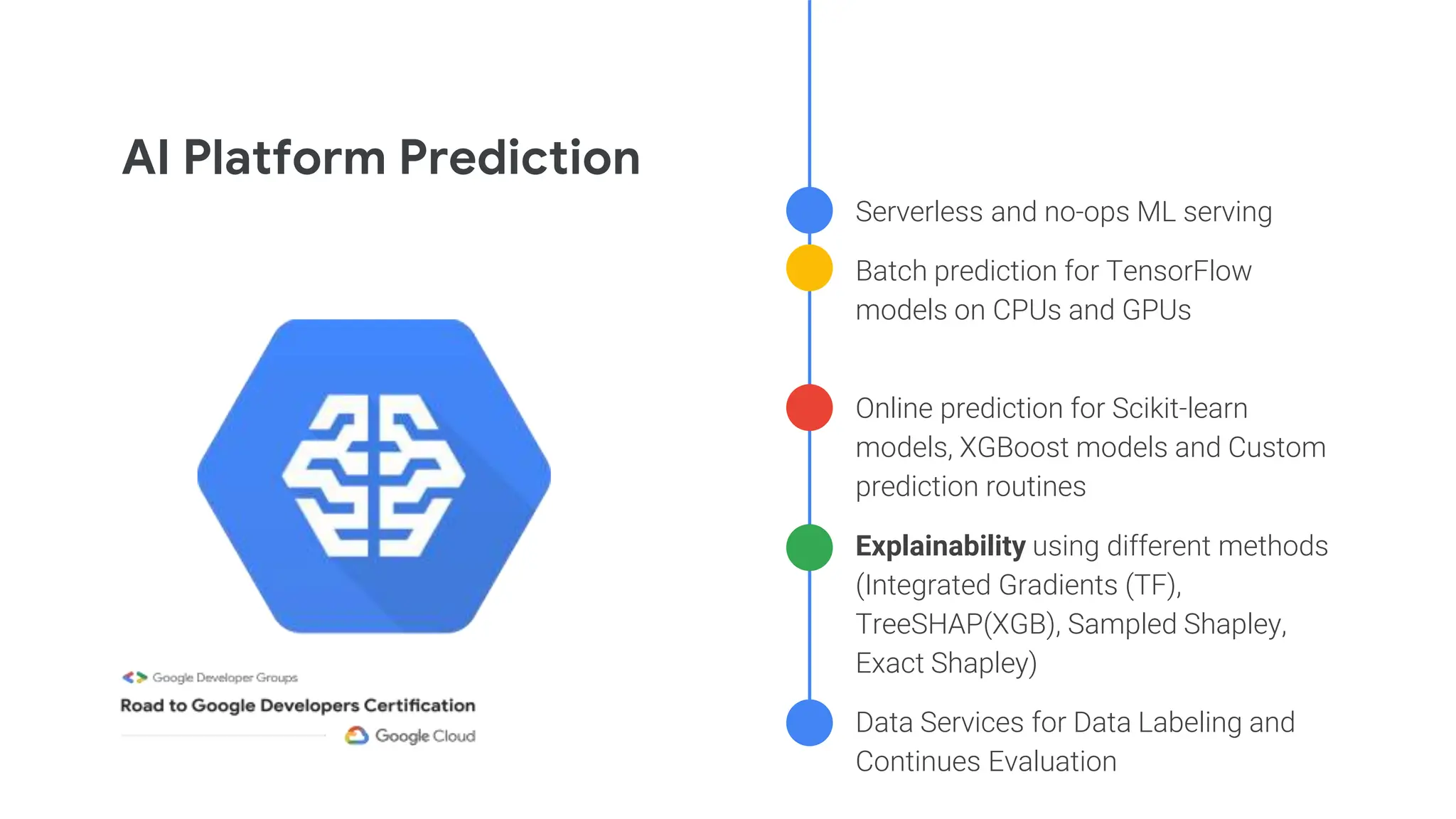● Serverless and no-ops ML serving
● Batch prediction for TensorFlow
models on CPUs and GPUs
● Online prediction for Scikit-learn
models, XGBoost models and Custom
prediction routines
● Explainability using different methods
(Integrated Gradients (TF),
TreeSHAP(XGB), Sampled Shapley,
Exact Shapley)
● Data Services for Data Labeling and
Continues Evaluation
AI Platform Prediction
 
