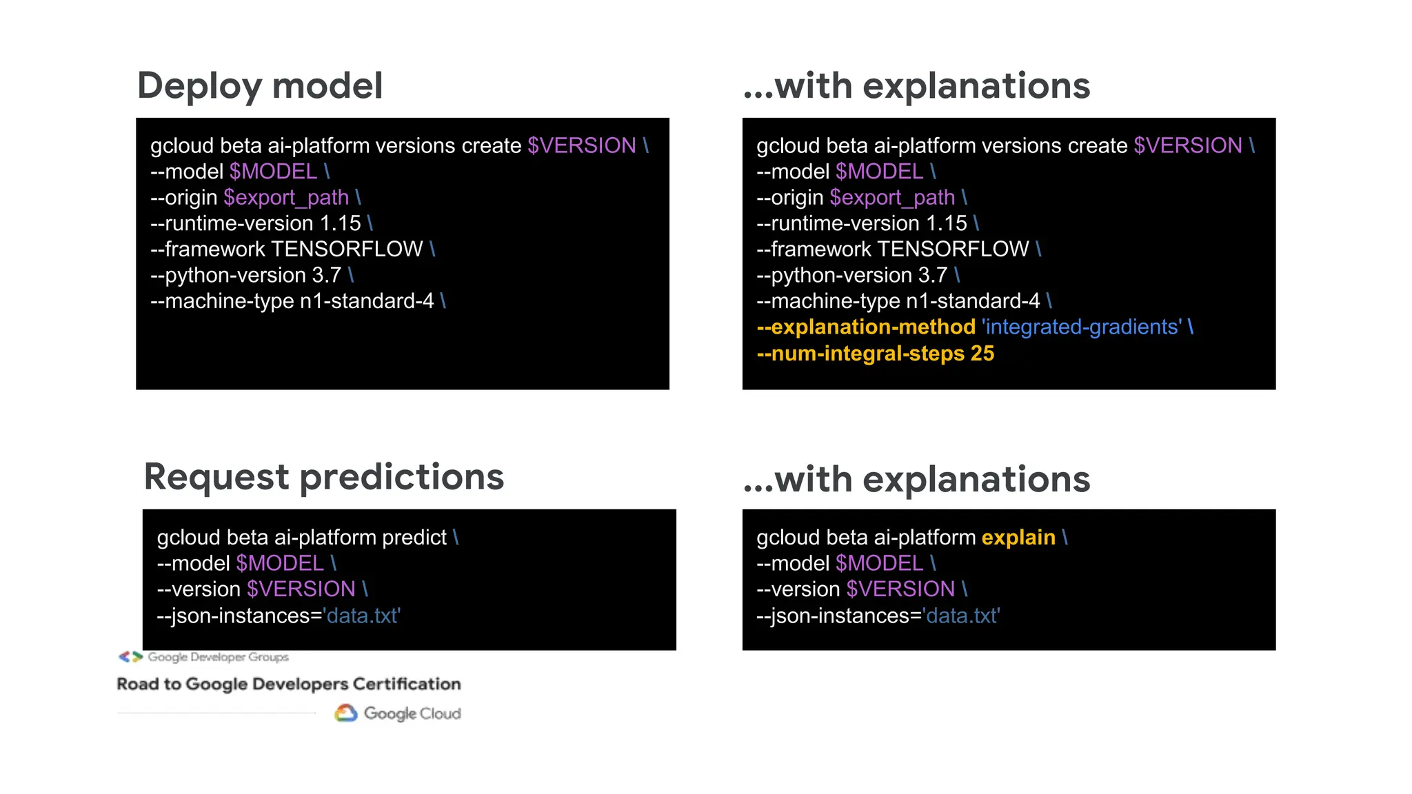 Deploy model
Request predictions ...with explanations
...with explanations
gcloud beta ai-platform versions create $VERSION 
--model $MODEL 
--origin $export_path 
--runtime-version 1.15 
--framework TENSORFLOW 
--python-version 3.7 
--machine-type n1-standard-4 
gcloud beta ai-platform versions create $VERSION 
--model $MODEL 
--origin $export_path 
--runtime-version 1.15 
--framework TENSORFLOW 
--python-version 3.7 
--machine-type n1-standard-4 
--explanation-method 'integrated-gradients' 
--num-integral-steps 25
gcloud beta ai-platform predict 
--model $MODEL 
--version $VERSION 
--json-instances='data.txt'
gcloud beta ai-platform explain 
--model $MODEL 
--version $VERSION 
--json-instances='data.txt'
 