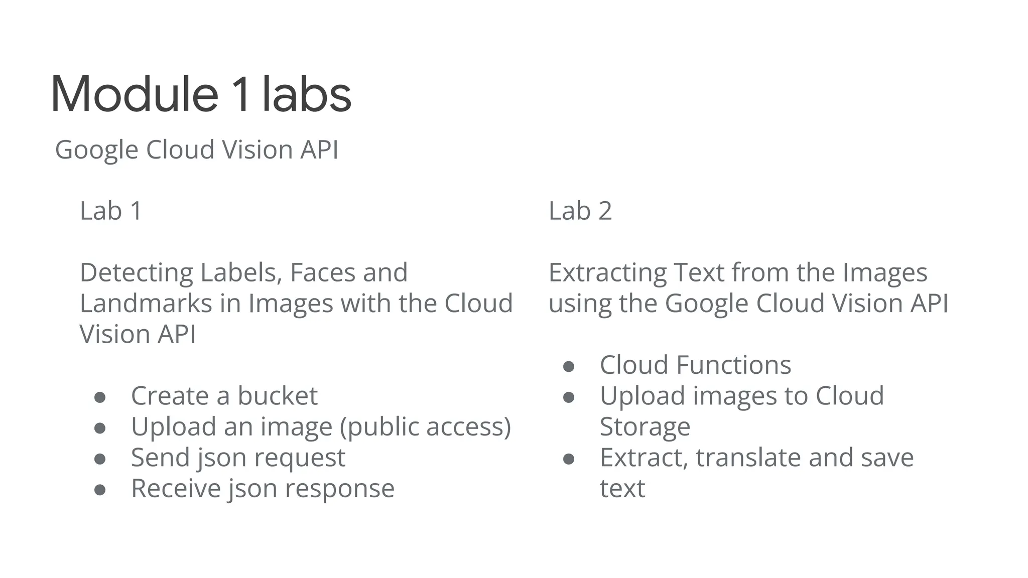 Google Cloud Vision API
Module 1 labs
Lab 1
Detecting Labels, Faces and
Landmarks in Images with the Cloud
Vision API
● Create a bucket
● Upload an image (public access)
● Send json request
● Receive json response
Lab 2
Extracting Text from the Images
using the Google Cloud Vision API
● Cloud Functions
● Upload images to Cloud
Storage
● Extract, translate and save
text
 