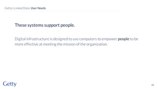 These systems support people.
Digital infrastructure is designed to use computers to empower people to be
more effective at meeting the mission of the organization.
28
Getty’s Linked Data: User Needs
 