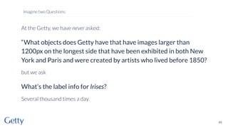 At the Getty, we have never asked:
“What objects does Getty have that have images larger than
1200px on the longest side that have been exhibited in both New
York and Paris and were created by artists who lived before 1850?
but we ask
What’s the label info for Irises?
Several thousand times a day.
45
Imagine two Questions:
 