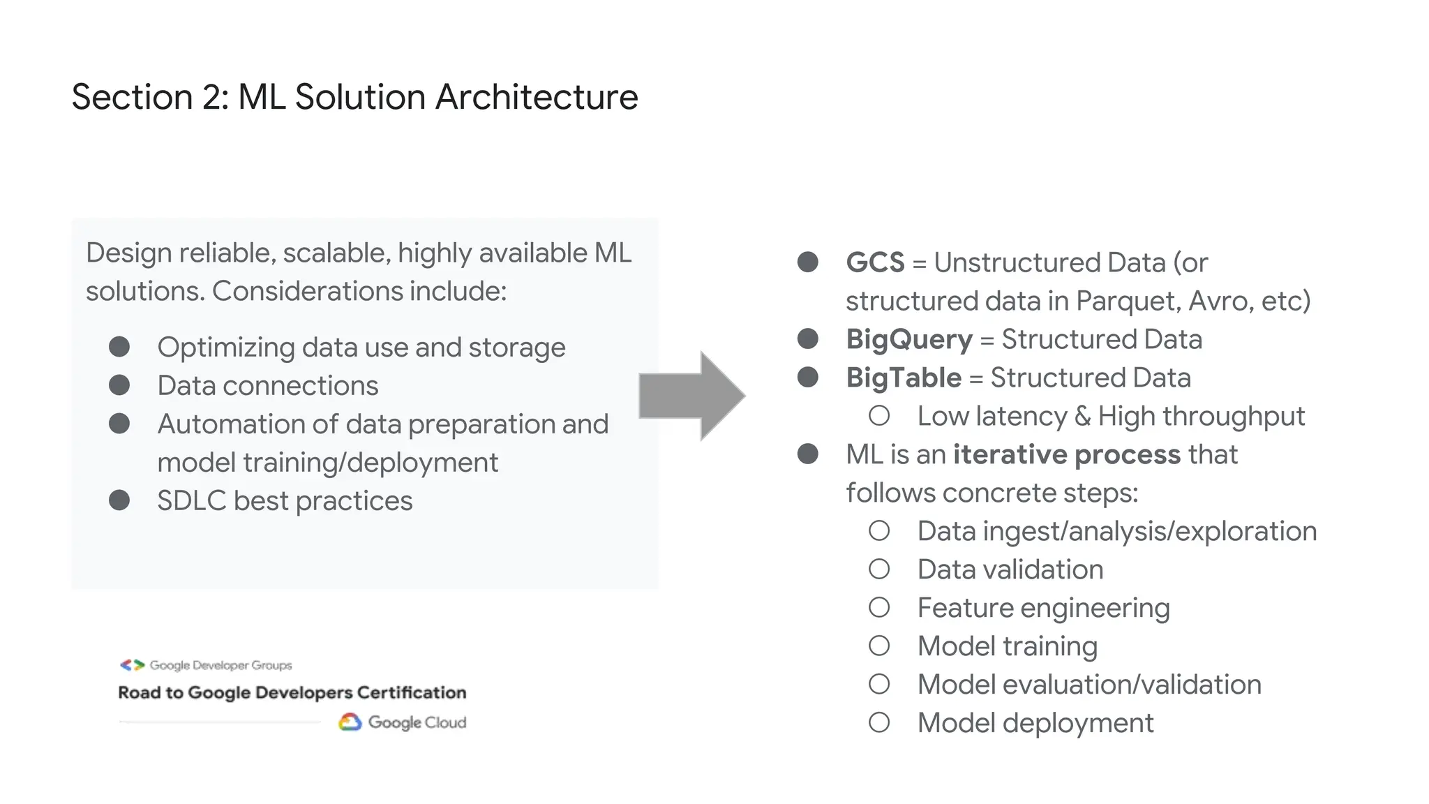 Section 2: ML Solution Architecture
Design reliable, scalable, highly available ML
solutions. Considerations include:
● Optimizing data use and storage
● Data connections
● Automation of data preparation and
model training/deployment
● SDLC best practices
● GCS = Unstructured Data (or
structured data in Parquet, Avro, etc)
● BigQuery = Structured Data
● BigTable = Structured Data
○ Low latency & High throughput
● ML is an iterative process that
follows concrete steps:
○ Data ingest/analysis/exploration
○ Data validation
○ Feature engineering
○ Model training
○ Model evaluation/validation
○ Model deployment
 