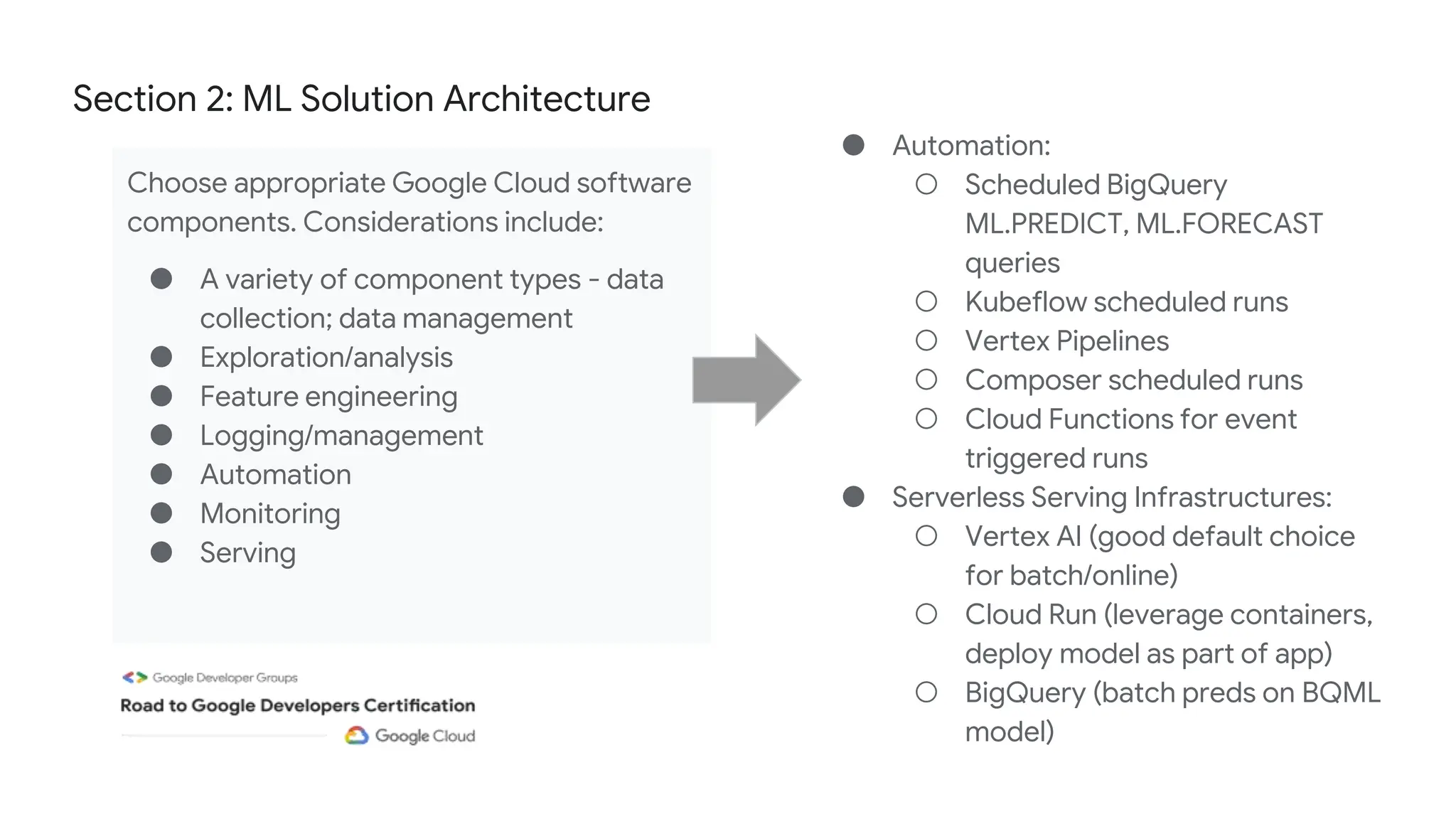 Section 2: ML Solution Architecture
Choose appropriate Google Cloud software
components. Considerations include:
● A variety of component types - data
collection; data management
● Exploration/analysis
● Feature engineering
● Logging/management
● Automation
● Monitoring
● Serving
● Automation:
○ Scheduled BigQuery
ML.PREDICT, ML.FORECAST
queries
○ Kubeflow scheduled runs
○ Vertex Pipelines
○ Composer scheduled runs
○ Cloud Functions for event
triggered runs
● Serverless Serving Infrastructures:
○ Vertex AI (good default choice
for batch/online)
○ Cloud Run (leverage containers,
deploy model as part of app)
○ BigQuery (batch preds on BQML
model)
 