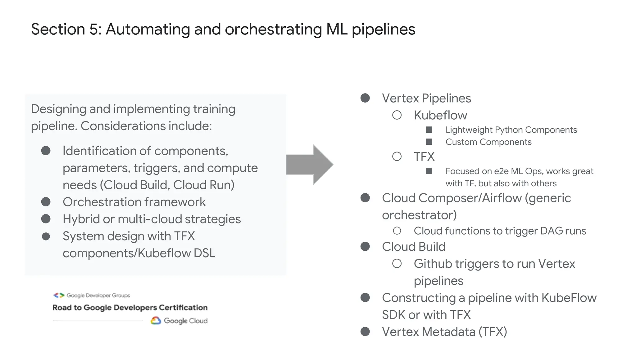 Section 5: Automating and orchestrating ML pipelines
Designing and implementing training
pipeline. Considerations include:
● Identification of components,
parameters, triggers, and compute
needs (Cloud Build, Cloud Run)
● Orchestration framework
● Hybrid or multi-cloud strategies
● System design with TFX
components/Kubeflow DSL
● Vertex Pipelines
○ Kubeflow
■ Lightweight Python Components
■ Custom Components
○ TFX
■ Focused on e2e ML Ops, works great
with TF, but also with others
● Cloud Composer/Airflow (generic
orchestrator)
○ Cloud functions to trigger DAG runs
● Cloud Build
○ Github triggers to run Vertex
pipelines
● Constructing a pipeline with KubeFlow
SDK or with TFX
● Vertex Metadata (TFX)
 