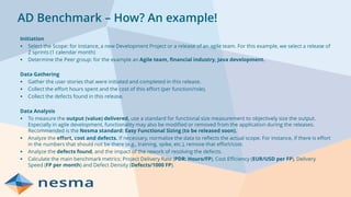 AD Benchmark – How? An example!
Initiation
▪ Select the Scope: for instance, a new Development Project or a release of an agile team. For this example, we select a release of
2 sprints (1 calendar month)
▪ Determine the Peer group: for the example an Agile team, financial industry, Java development.
Data Gathering
▪ Gather the user stories that were initiated and completed in this release.
▪ Collect the effort hours spent and the cost of this effort (per function/role).
▪ Collect the defects found in this release.
Data Analysis
▪ To measure the output (value) delivered, use a standard for functional size measurement to objectively size the output.
Especially in agile development, functionality may also be modified or removed from the application during the releases.
Recommended is the Nesma standard: Easy Functional Sizing (to be released soon).
▪ Analyze the effort, cost and defects. If necessary, normalize the data to reflects the actual scope. For instance, if there is effort
in the numbers that should not be there (e.g., training, spike, etc.), remove that effort/cost.
▪ Analyze the defects found, and the impact of the rework of resolving the defects.
▪ Calculate the main benchmark metrics: Project Delivery Rate (PDR: Hours/FP), Cost Efficiency (EUR/USD per FP), Delivery
Speed (FP per month) and Defect Density (Defects/1000 FP).
 