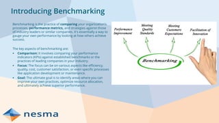 Introducing Benchmarking
Benchmarking is the practice of comparing your organization's
processes, performance metrics, and strategies against those
of industry leaders or similar companies. It's essentially a way to
gauge your own performance by looking at how others achieve
success.
The key aspects of benchmarking are:
▪ Comparison: It involves comparing your performance
indicators (KPIs) against established benchmarks or the
practices of leading companies in your industry.
▪ Focus: The focus can be on various aspects like efficiency,
quality, cost, customer satisfaction, or even specific processes
like application development or maintenance.
▪ Goal: The ultimate goal is to identify areas where you can
improve your own practices, optimize resource allocation,
and ultimately achieve superior performance.
 
