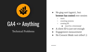 GA4 <> Anything
Technical Problems
● No gtag rant (again)... but:
browser has control over session
○ starts
○ counting sessions
○ creating ID
■ must be a timestamp!
● A client ID is just not enough
● Engagement measurement
● No Consent Mode rant either! ;)
 