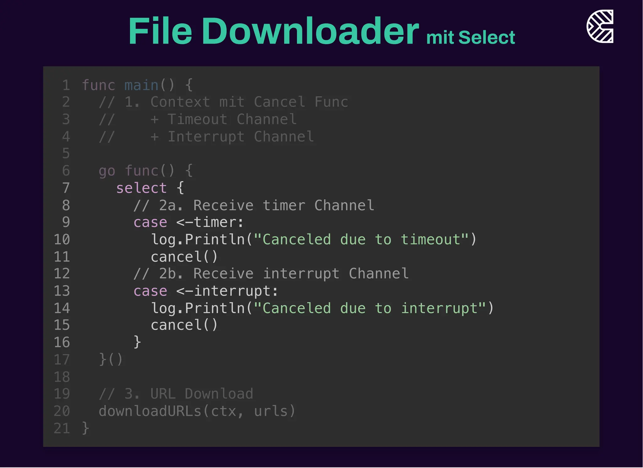 File Downloadermit Select
// 1. Context mit Cancel Func
// + Timeout Channel
// + Interrupt Channel
func main() {
1
2
3
4
5
go func() {
6
select {
7
// 2a. Receive timer Channel
8
case <-timer:
9
log.Println("Canceled due to timeout")
10
cancel()
11
// 2b. Receive interrupt Channel
12
case <-interrupt:
13
log.Println("Canceled due to interrupt")
14
cancel()
15
}
16
}()
17
18
// 3. URL Download
19
downloadURLs(ctx, urls)
20
}
21
select {
// 2a. Receive timer Channel
case <-timer:
log.Println("Canceled due to timeout")
cancel()
}
func main() {
1
// 1. Context mit Cancel Func
2
// + Timeout Channel
3
// + Interrupt Channel
4
5
go func() {
6
7
8
9
10
11
// 2b. Receive interrupt Channel
12
case <-interrupt:
13
log.Println("Canceled due to interrupt")
14
cancel()
15
16
}()
17
18
// 3. URL Download
19
downloadURLs(ctx, urls)
20
}
21
select {
// 2b. Receive interrupt Channel
case <-interrupt:
log.Println("Canceled due to interrupt")
cancel()
}
func main() {
1
// 1. Context mit Cancel Func
2
// + Timeout Channel
3
// + Interrupt Channel
4
5
go func() {
6
7
// 2a. Receive timer Channel
8
case <-timer:
9
log.Println("Canceled due to timeout")
10
cancel()
11
12
13
14
15
16
}()
17
18
// 3. URL Download
19
downloadURLs(ctx, urls)
20
}
21
select {
// 2a. Receive timer Channel
case <-timer:
log.Println("Canceled due to timeout")
cancel()
// 2b. Receive interrupt Channel
case <-interrupt:
log.Println("Canceled due to interrupt")
cancel()
}
func main() {
1
// 1. Context mit Cancel Func
2
// + Timeout Channel
3
// + Interrupt Channel
4
5
go func() {
6
7
8
9
10
11
12
13
14
15
16
}()
17
18
// 3. URL Download
19
downloadURLs(ctx, urls)
20
}
21
 