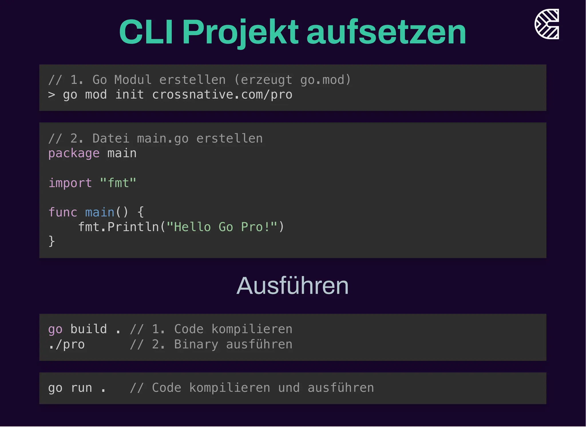 CLI Projekt aufsetzen
// 1. Go Modul erstellen (erzeugt go.mod)
> go mod init crossnative.com/pro
// 2. Datei main.go erstellen
package main
import "fmt"
func main() {
fmt.Println("Hello Go Pro!")
}
Ausführen
go build . // 1. Code kompilieren
./pro // 2. Binary ausführen
go run . // Code kompilieren und ausführen
 