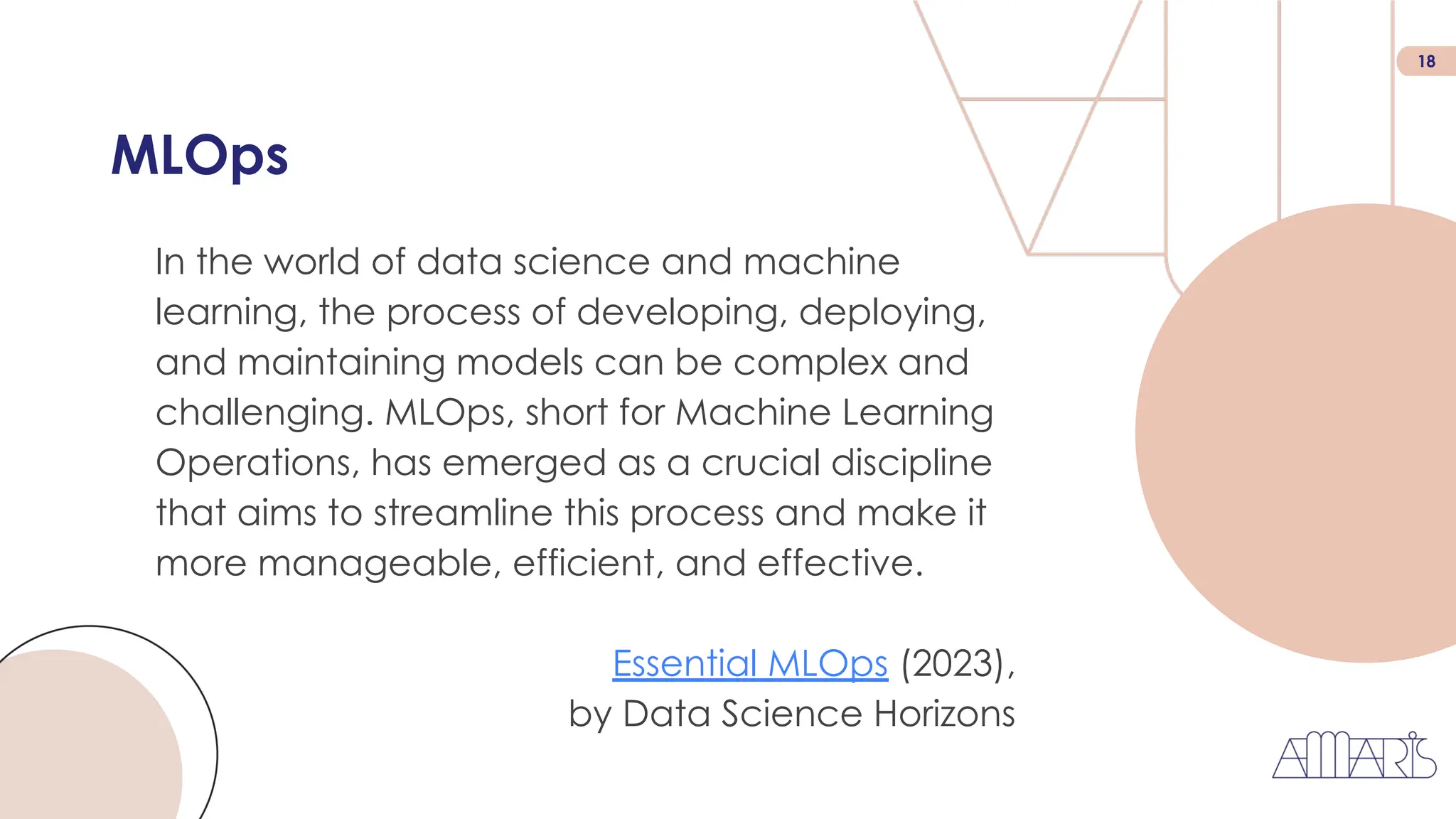 18
MLOps
In the world of data science and machine
learning, the process of developing, deploying,
and maintaining models can be complex and
challenging. MLOps, short for Machine Learning
Operations, has emerged as a crucial discipline
that aims to streamline this process and make it
more manageable, efficient, and effective.
Essential MLOps (2023),
by Data Science Horizons
 