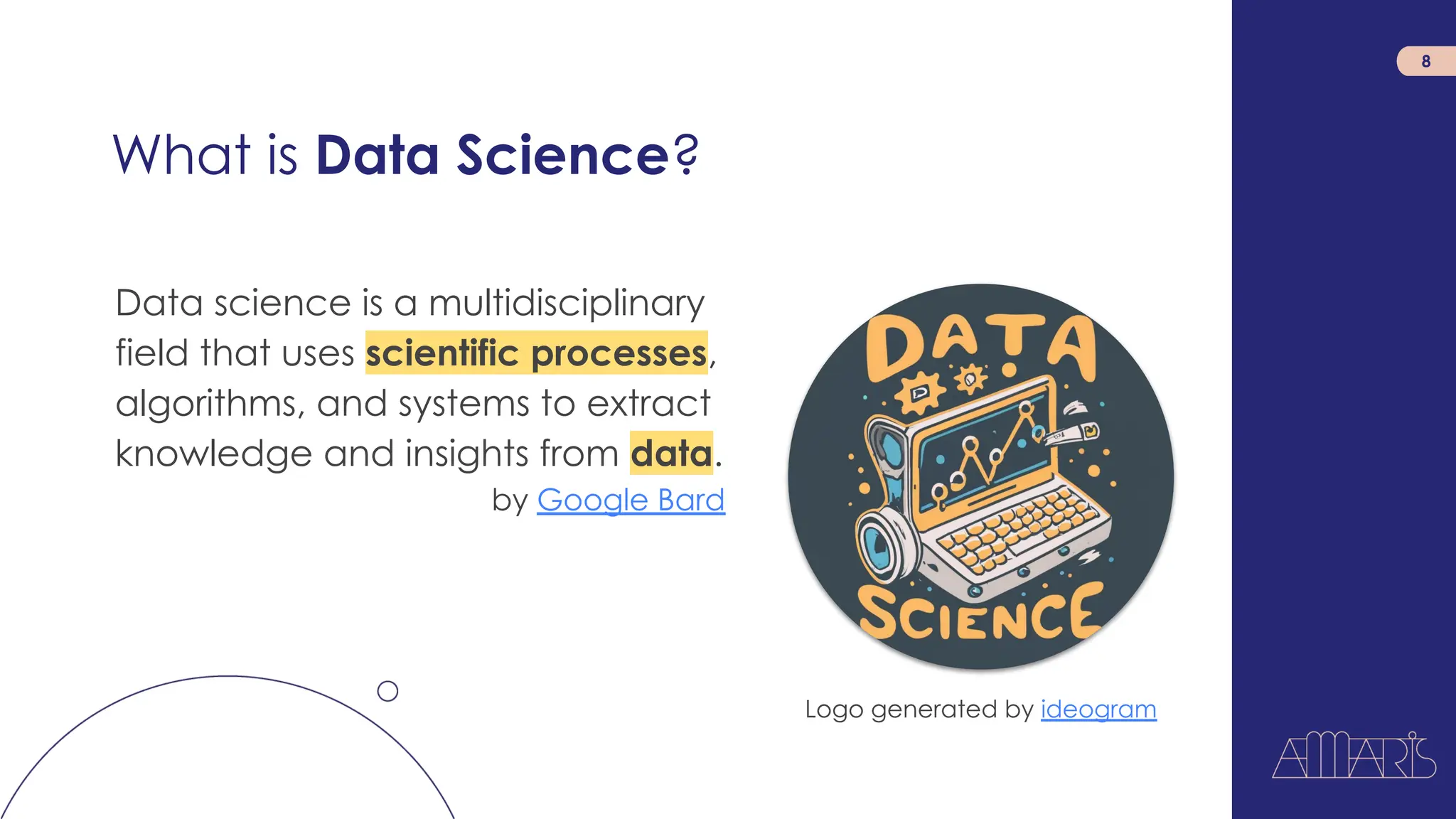 What is Data Science?
8
Data science is a multidisciplinary
field that uses scientific processes,
algorithms, and systems to extract
knowledge and insights from data.
by Google Bard
Logo generated by ideogram
 