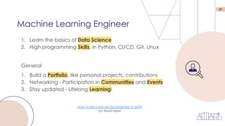 27
1. Learn the basics of Data Science
2. High programming Skills, in Python, CI/CD, Git, Linux
Machine Learning Engineer
General
1. Build a Portfolio, like personal projects, contributions
2. Networking - Participation in Communities and Events
3. Stay updated - Lifelong Learning!
How To Become MLOps Engineer in 2024
by Asad iqbal
 