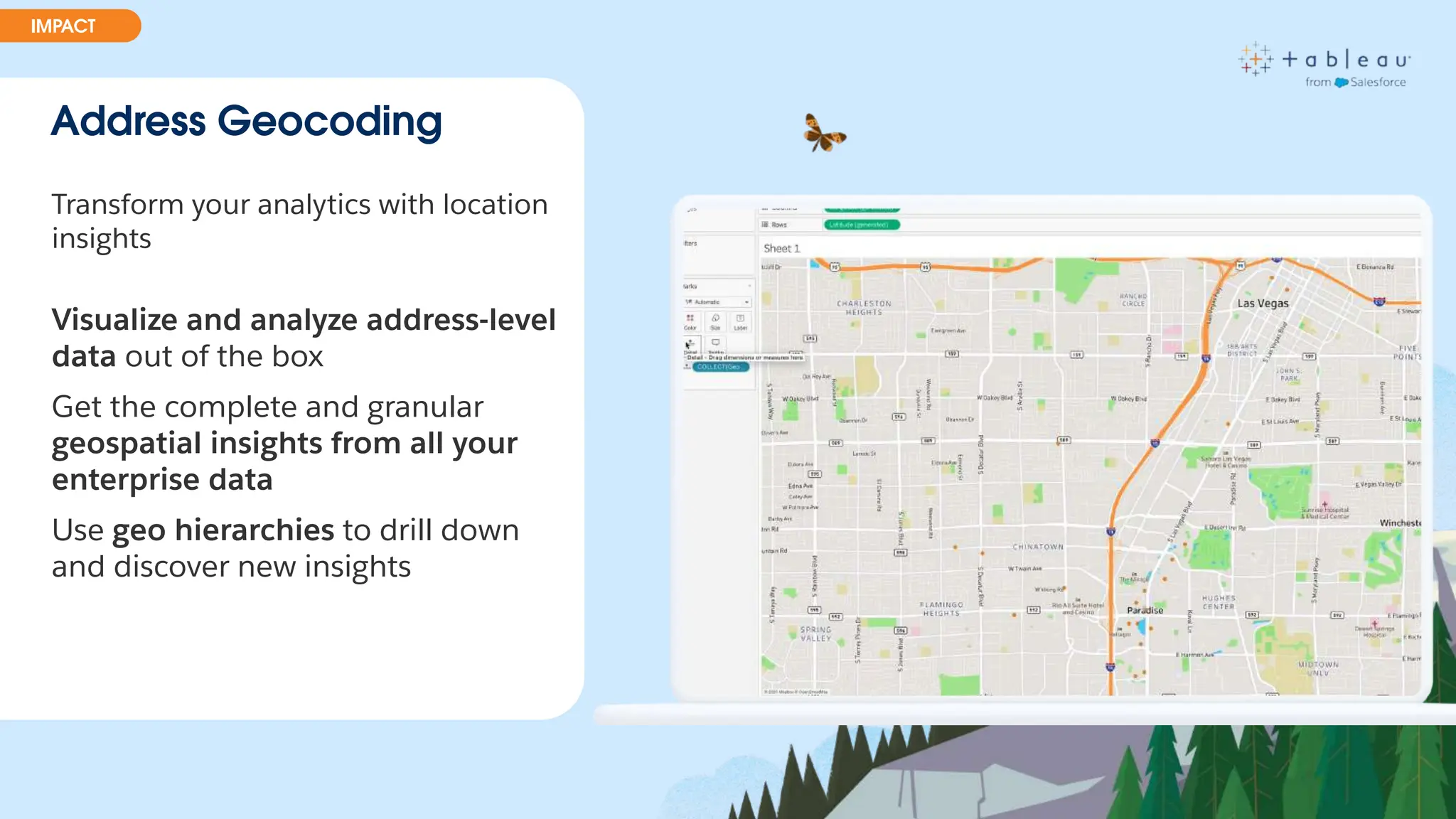 Address Geocoding
Transform your analytics with location
insights
Visualize and analyze address-level
data out of the box
Get the complete and granular
geospatial insights from all your
enterprise data
Use geo hierarchies to drill down
and discover new insights
IMPACT
 