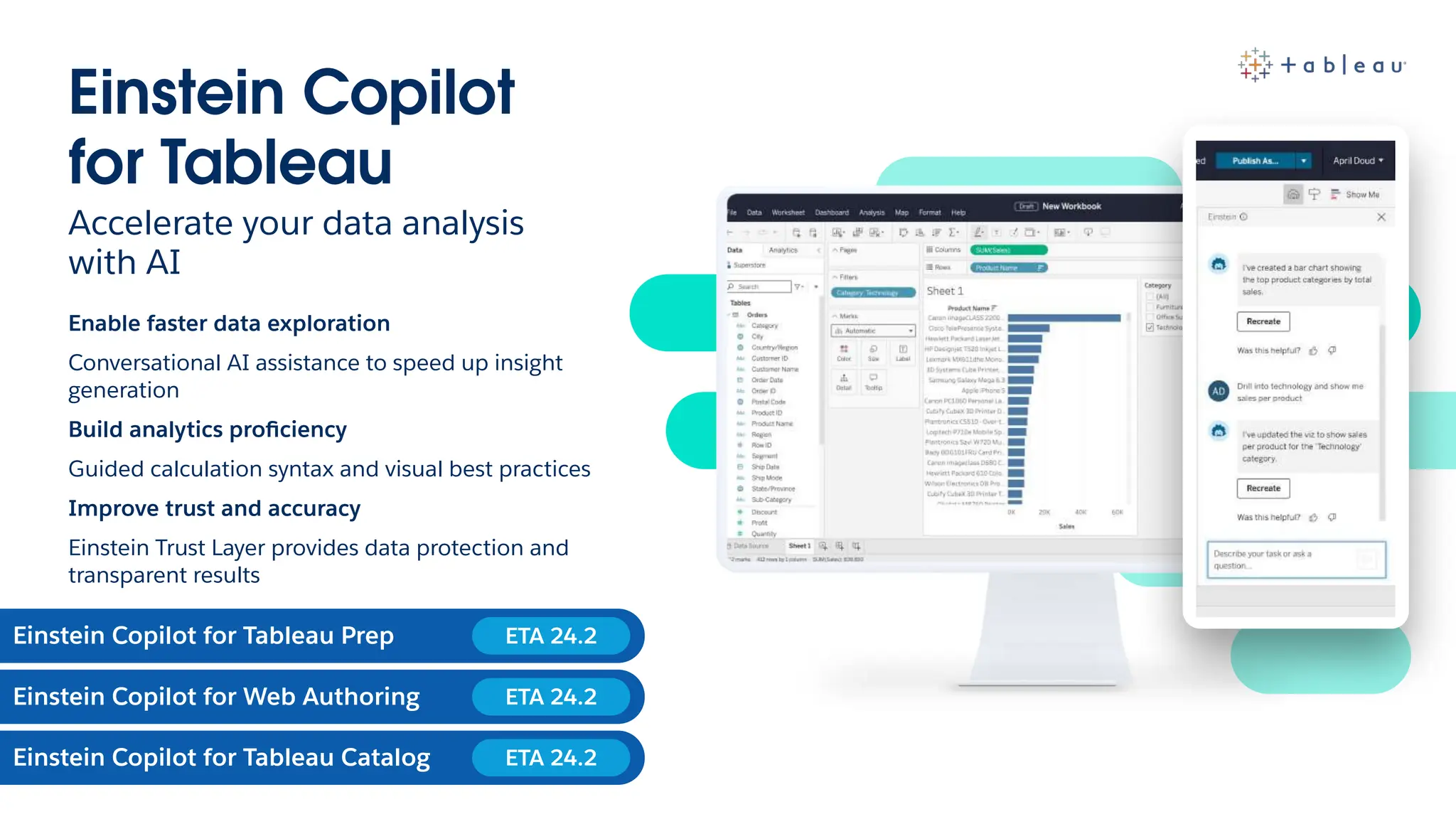Einstein Copilot
for Tableau
Accelerate your data analysis
with AI
Enable faster data exploration
Conversational AI assistance to speed up insight
generation
Build analytics proﬁciency
Guided calculation syntax and visual best practices
Improve trust and accuracy
Einstein Trust Layer provides data protection and
transparent results
Einstein Copilot for Web Authoring
Einstein Copilot for Tableau Catalog
ETA 24.2
ETA 24.2
Einstein Copilot for Tableau Prep ETA 24.2
 