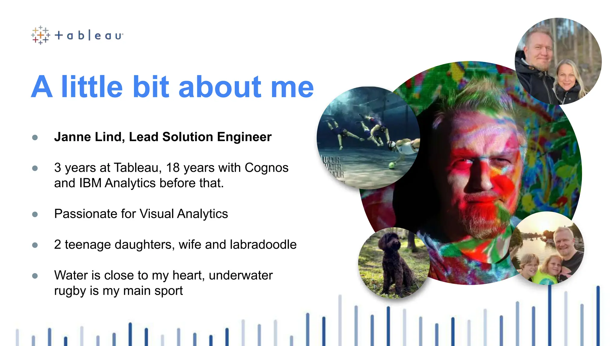 A little bit about me
● Janne Lind, Lead Solution Engineer
● 3 years at Tableau, 18 years with Cognos
and IBM Analytics before that.
● Passionate for Visual Analytics
● 2 teenage daughters, wife and labradoodle
● Water is close to my heart, underwater
rugby is my main sport
 