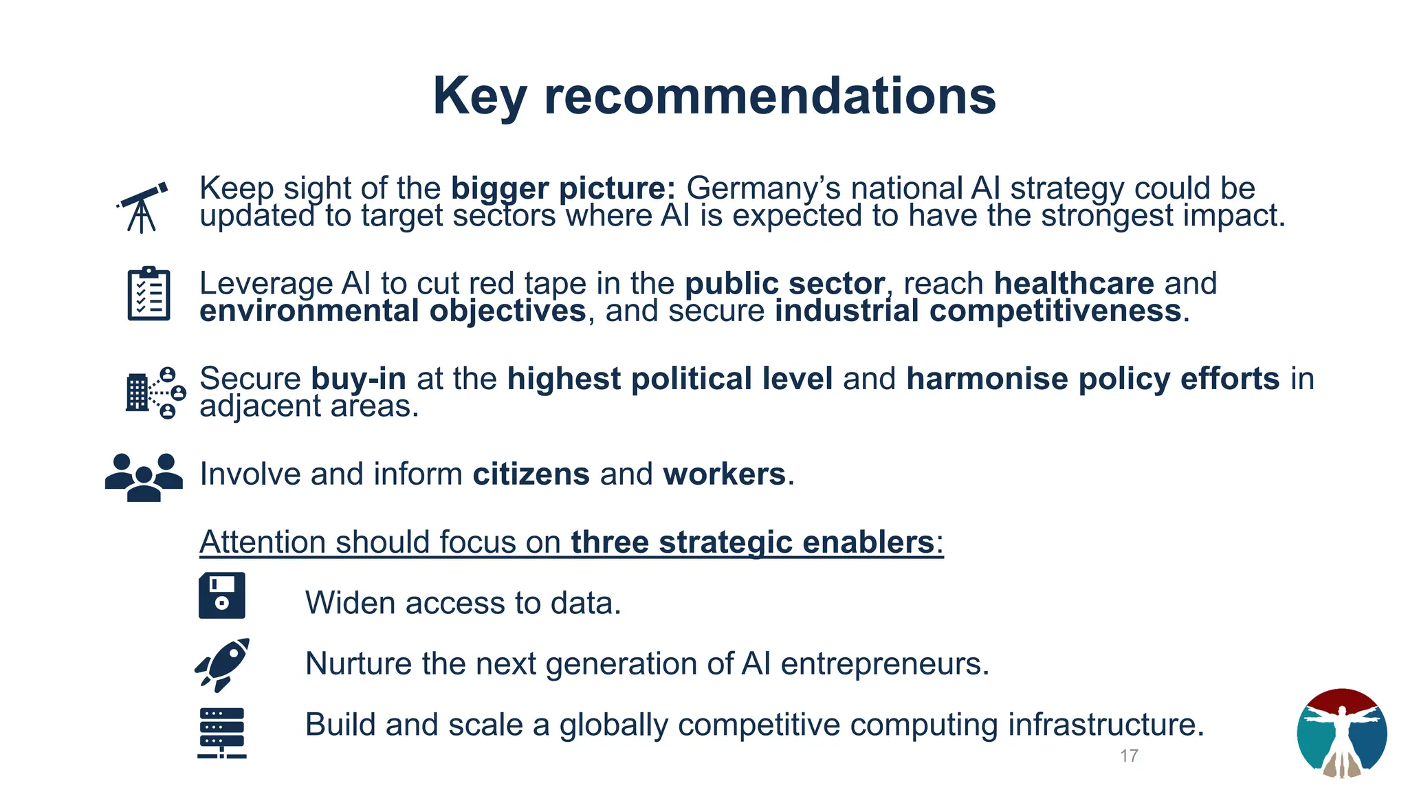 Key recommendations
Keep sight of the bigger picture: Germany’s national AI strategy could be
updated to target sectors where AI is expected to have the strongest impact.
Leverage AI to cut red tape in the public sector, reach healthcare and
environmental objectives, and secure industrial competitiveness.
Secure buy-in at the highest political level and harmonise policy efforts in
adjacent areas.
Involve and inform citizens and workers.
Attention should focus on three strategic enablers:
Widen access to data.
Nurture the next generation of AI entrepreneurs.
Build and scale a globally competitive computing infrastructure.
17
 