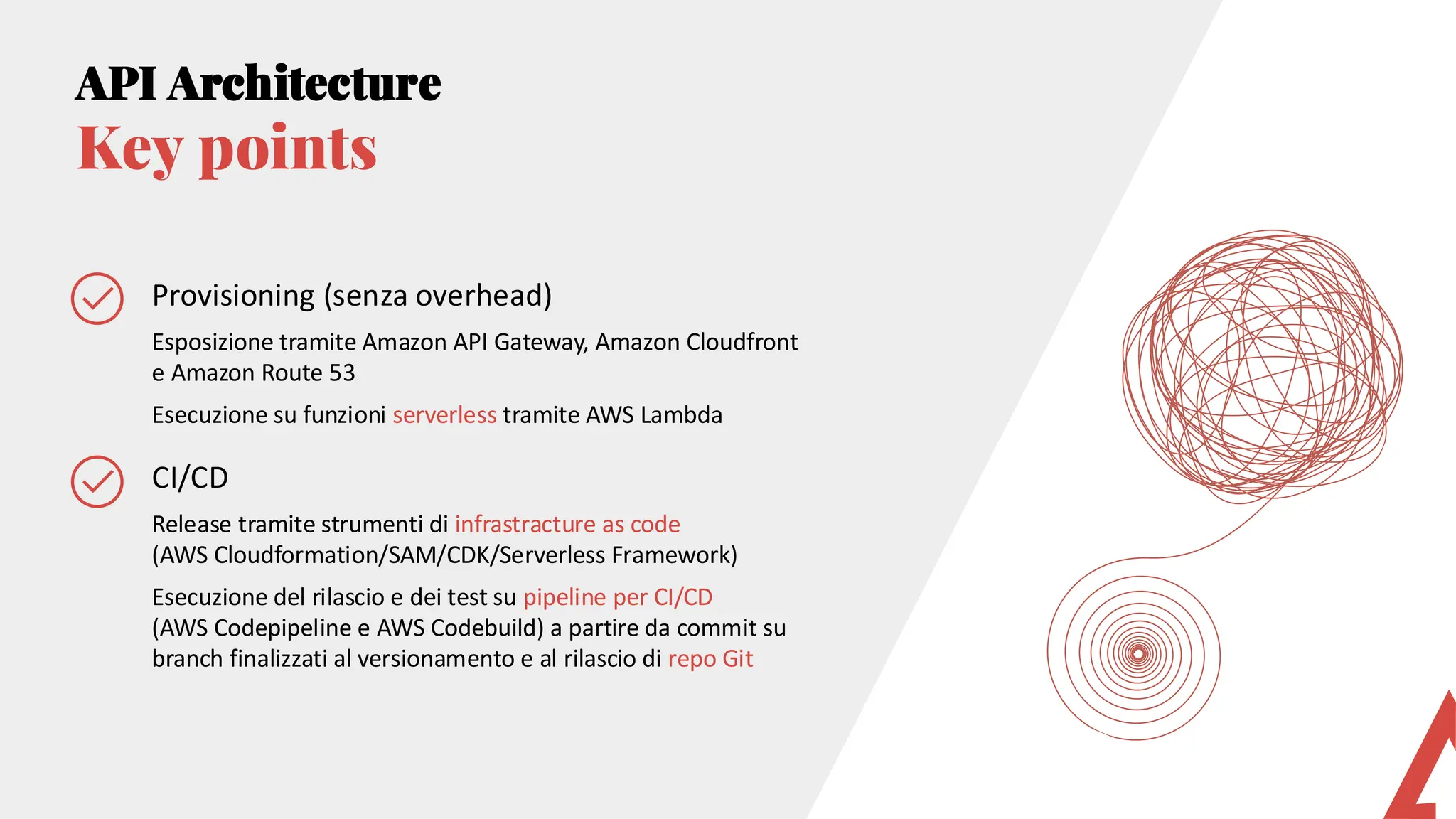 Provisioning (senza overhead)
Esposizione tramite Amazon API Gateway, Amazon Cloudfront
e Amazon Route 53
Esecuzione su funzioni serverless tramite AWS Lambda
CI/CD
Release tramite strumenti di infrastracture as code
(AWS Cloudformation/SAM/CDK/Serverless Framework)
Esecuzione del rilascio e dei test su pipeline per CI/CD
(AWS Codepipeline e AWS Codebuild) a partire da commit su
branch finalizzati al versionamento e al rilascio di repo Git
API Architecture
Key points
 