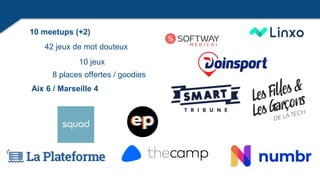 10 meetups (+2)
42 jeux de mot douteux
10 jeux
Aix 6 / Marseille 4
8 places offertes / goodies
 