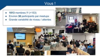 Vous !
● 1013 membres !!! (+153)
● Environ 30 participants par meetups
● Grande variabilité de niveau / attentes
 