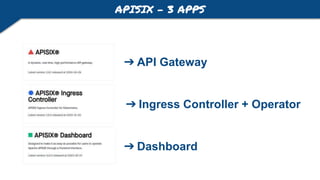 APISIX - 3 APPS
➔ API Gateway
➔ Ingress Controller + Operator
➔ Dashboard
 