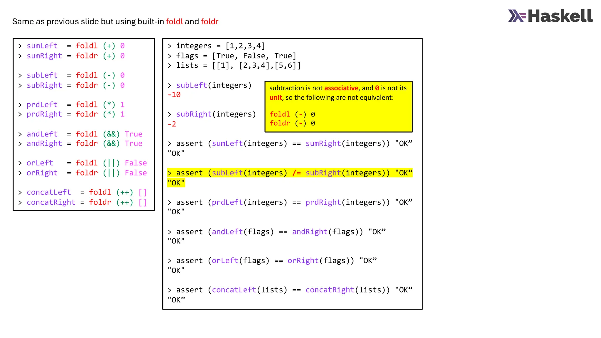 > sumLeft = foldl (+) 0
> sumRight = foldr (+) 0
> subLeft = foldl (-) 0
> subRight = foldr (-) 0
> prdLeft = foldl (*) 1
> prdRight = foldr (*) 1
> andLeft = foldl (&&) True
> andRight = foldr (&&) True
> orLeft = foldl (||) False
> orRight = foldr (||) False
> concatLeft = foldl (++) []
> concatRight = foldr (++) []
> integers = [1,2,3,4]
> flags = [True, False, True]
> lists = [[1], [2,3,4],[5,6]]
> subLeft(integers)
-10
> subRight(integers)
-2
> assert (sumLeft(integers) == sumRight(integers)) "OK”
"OK"
> assert (subLeft(integers) /= subRight(integers)) "OK”
"OK"
> assert (prdLeft(integers) == prdRight(integers)) "OK”
"OK"
> assert (andLeft(flags) == andRight(flags)) "OK”
"OK"
> assert (orLeft(flags) == orRight(flags)) "OK”
"OK"
> assert (concatLeft(lists) == concatRight(lists)) "OK”
"OK”
Same as previous slide but using built-in foldl and foldr
subtraction is not associative, and 0 is not its
unit, so the following are not equivalent:
foldl (-) 0
foldr (-) 0
 