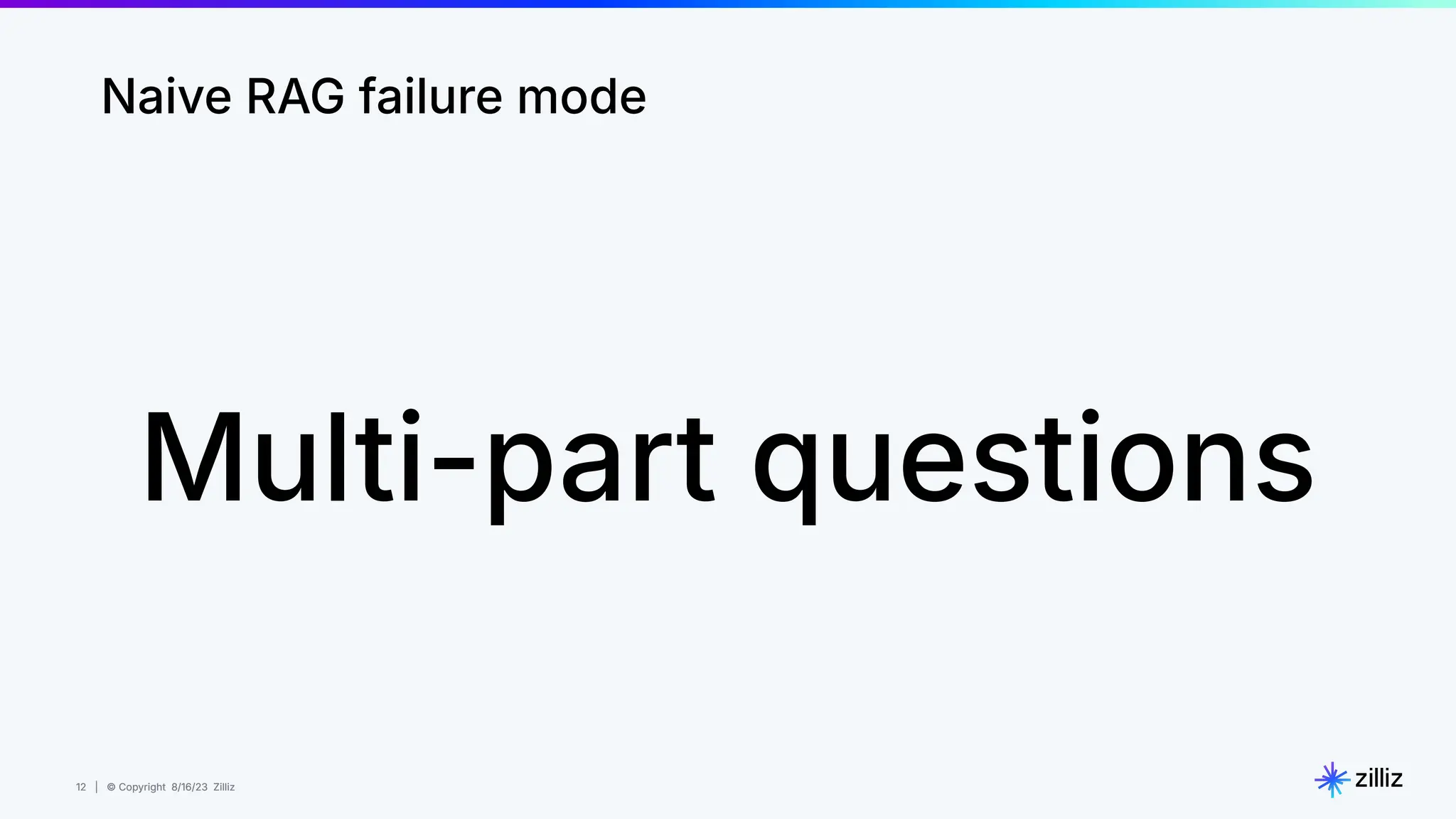 12 | © Copyright 8/16/23 Zilliz
12 | © Copyright 8/16/23 Zilliz
Naive RAG failure mode
Multi-part questions
 