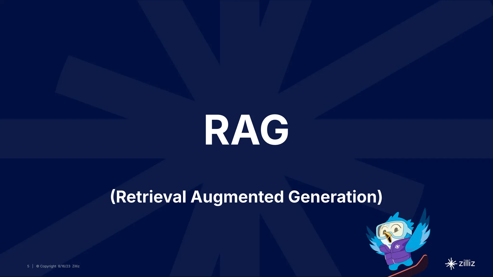 5 | © Copyright 8/16/23 Zilliz
5 | © Copyright 8/16/23 Zilliz
| © Copyright 8/16/23 Zilliz
5
RAG
Retrieval Augmented Generation)
 