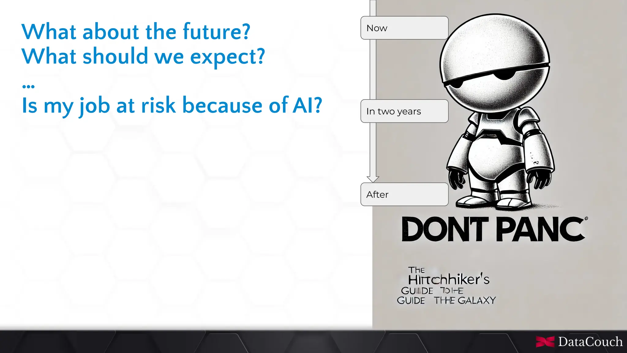 This
slide
deck
is
developed
by
DataCouch
What about the future?
What should we expect?
…
Is my job at risk because of AI?
Now
In two years
After
 