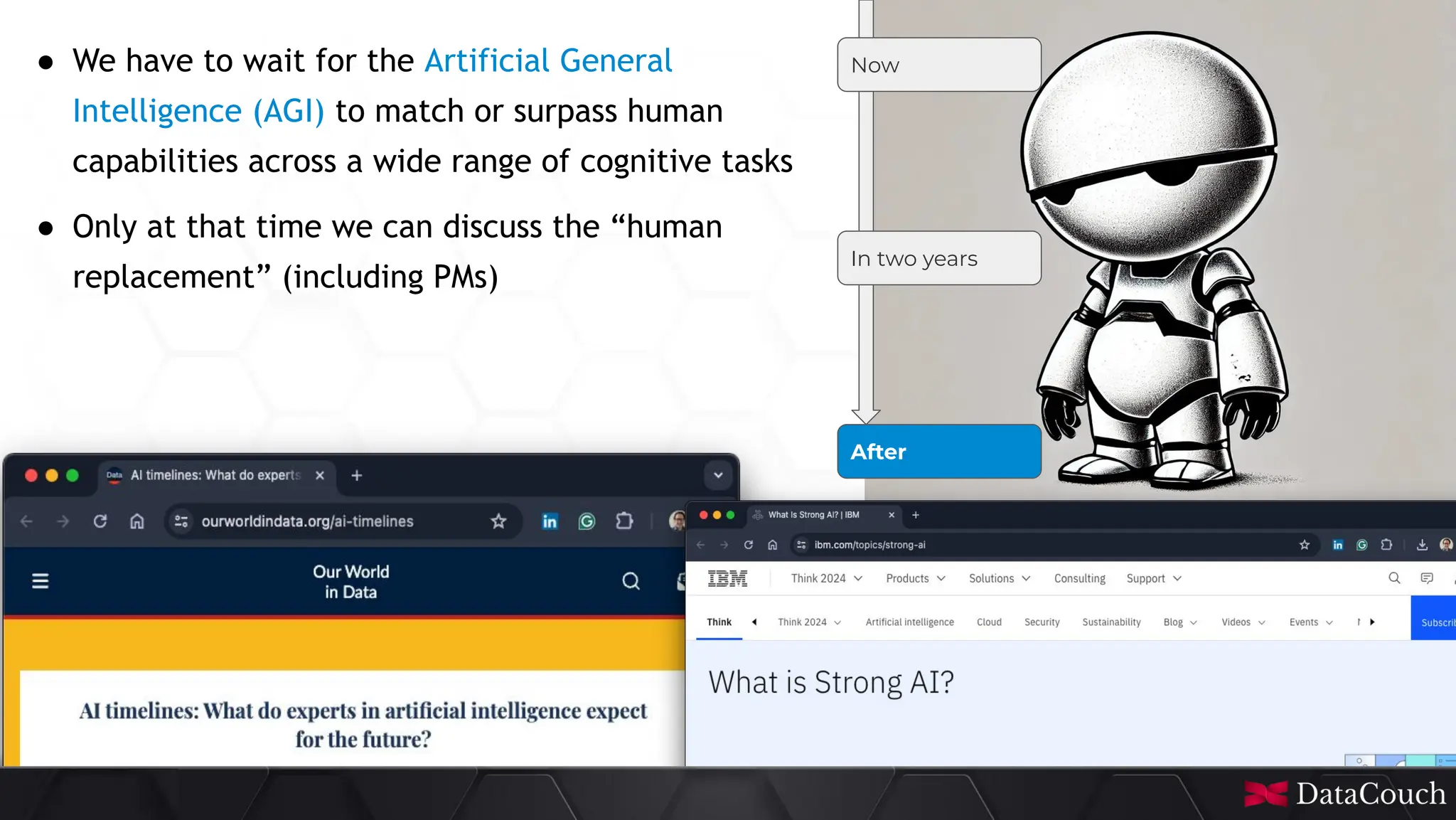 This
slide
deck
is
developed
by
DataCouch
Now
In two years
After
● We have to wait for the Artificial General
Intelligence (AGI) to match or surpass human
capabilities across a wide range of cognitive tasks
● Only at that time we can discuss the “human
replacement” (including PMs)
 