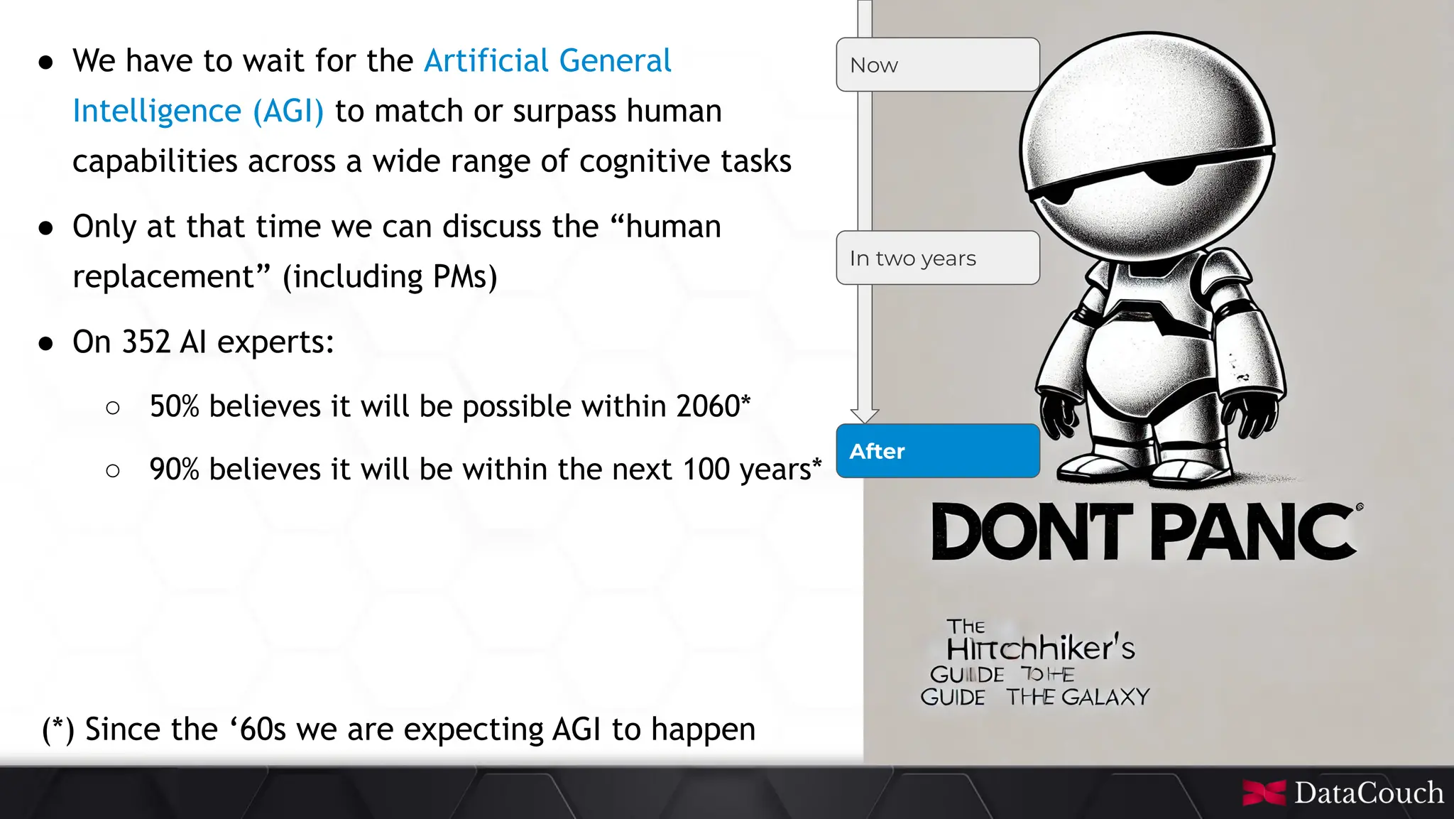 This
slide
deck
is
developed
by
DataCouch
Now
In two years
After
● We have to wait for the Artificial General
Intelligence (AGI) to match or surpass human
capabilities across a wide range of cognitive tasks
● Only at that time we can discuss the “human
replacement” (including PMs)
● On 352 AI experts:
○ 50% believes it will be possible within 2060*
○ 90% believes it will be within the next 100 years*
(*) Since the ‘60s we are expecting AGI to happen
 