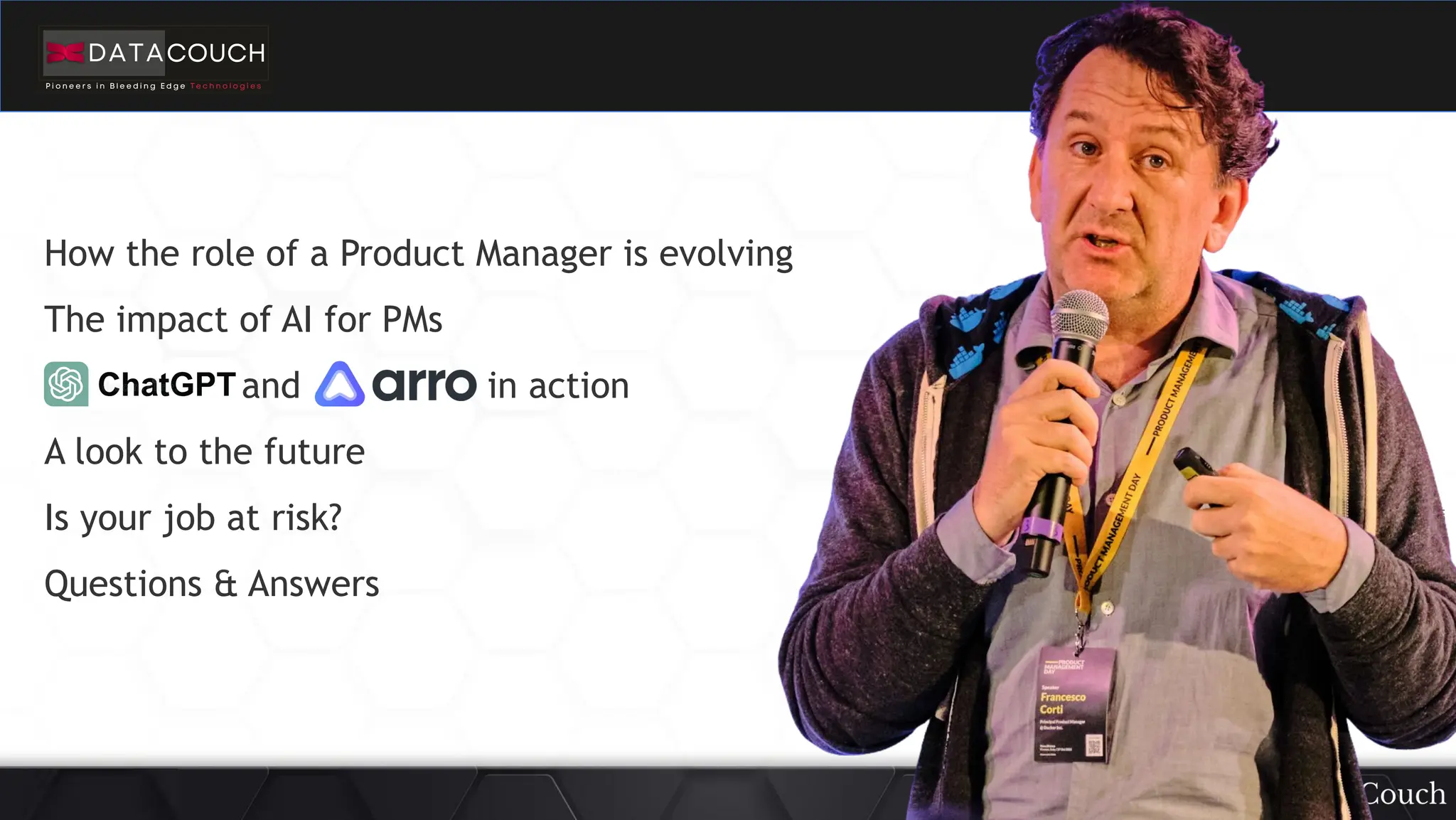 This
slide
deck
is
developed
by
DataCouch
How the role of a Product Manager is evolving
The impact of AI for PMs
and in action
A look to the future
Is your job at risk?
Questions & Answers
 