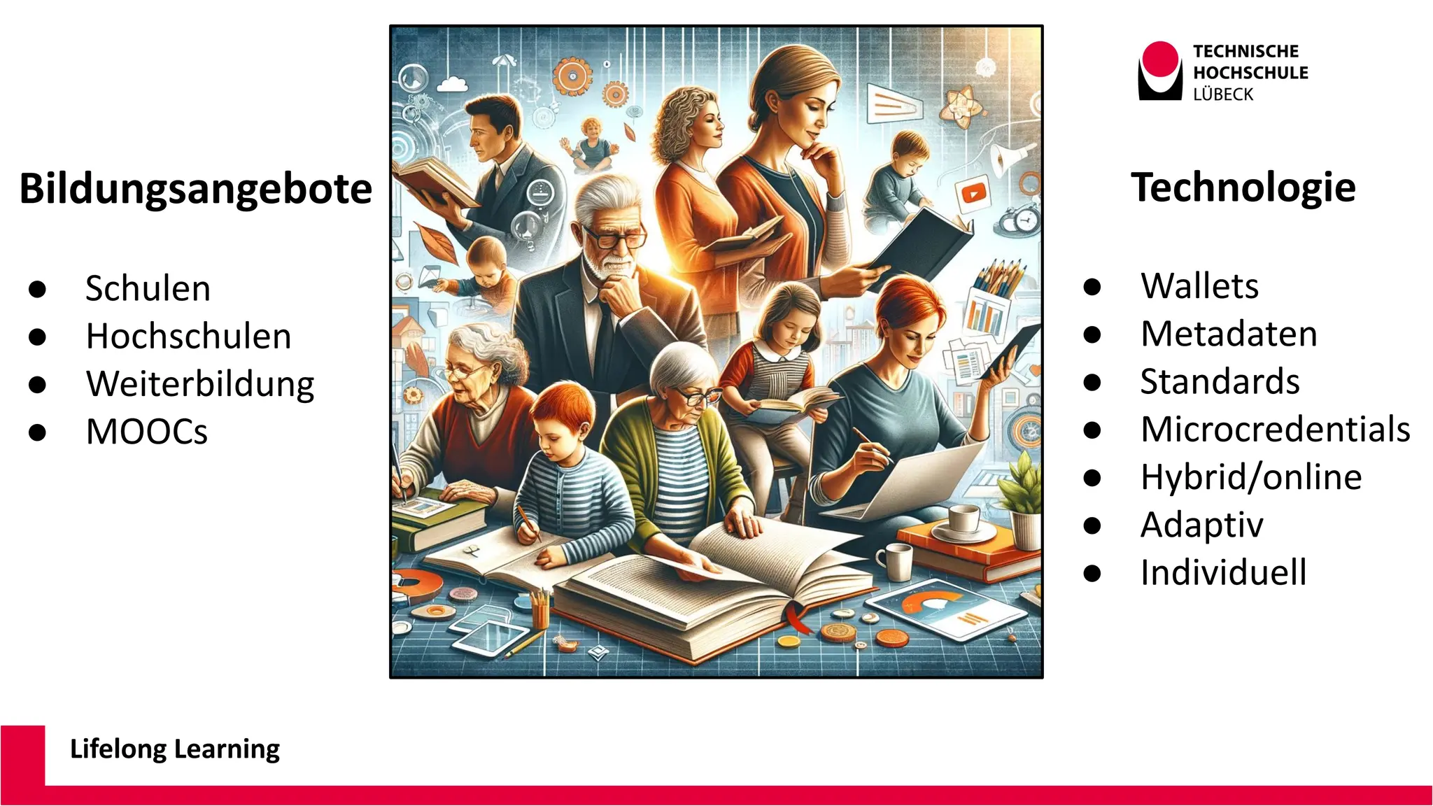 Lifelong Learning
Bildungsangebote
● Schulen
● Hochschulen
● Weiterbildung
● MOOCs
Technologie
● Wallets
● Metadaten
● Standards
● Microcredentials
● Hybrid/online
● Adaptiv
● Individuell
 