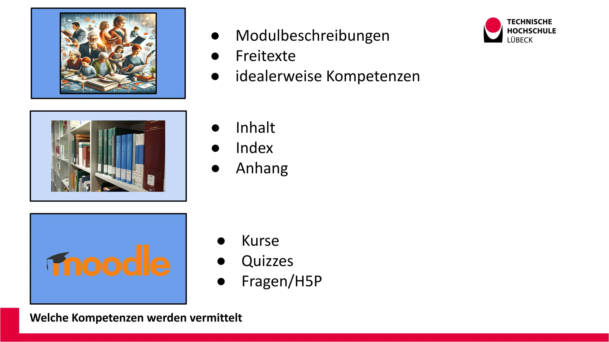 Welche Kompetenzen werden vermittelt
● Modulbeschreibungen
● Freitexte
● idealerweise Kompetenzen
● Inhalt
● Index
● Anhang
● Kurse
● Quizzes
● Fragen/H5P
 