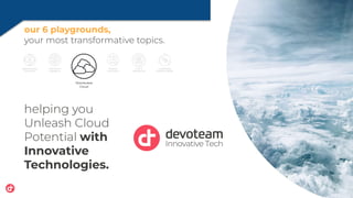 Distributed
Cloud
Data-driven
Intelligence
our 6 playgrounds,
your most transformative topics.
Digital Business
& Products
Sustainability
enabled by digital
Trust &
Cybersecurity
Business
Automation
helping you
Unleash Cloud
Potential with
Innovative
Technologies.