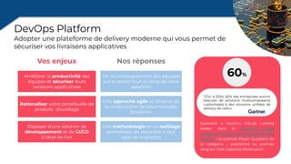 Gartner® a reconnu GitLab comme
leader dans le Gartner® Magic
Quadrant™ 2023 pour les plates-formes
DevOps – le premier Magic Quadrant de
la catégorie – positionné au premier
rang sur l'axe Capacité d'exécution.
“D'ici à 2024, 60% des entreprises auront
basculer de solutions multicomposants
customisées à des solutions unifiées de
delivery de valeur.
DevOps Platform
Adopter une plateforme de delivery moderne qui vous permet de
sécuriser vos livraisons applicatives
Disposer d’une solution de
développement et de CI/CD
à l’état de l’art
Nos réponses
Une méthodologie et un outillage
permettant de répondre à tout
type de migration
Rationaliser votre portefeuille de
produits d’outillage
Améliorer la productivité des
équipes et sécuriser leurs
livraisons applicatives
Vos enjeux
Une approche agile et itérative de
la construction de votre nouvelle
fondation
Un accompagnement des équipes
sur le terrain tout au long de votre
adoption
60%