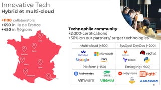 9
Multi-cloud (+500) SysOps/ DevOps (+200)
Platform (+150) Emerging (+100)
Nantes
Paris
Lyon
Toulouse
Lille
Marseille
Niort
Nantes
Innovative Tech
Hybrid et multi-cloud
+1100 collaborators
+650 in Ile de France
+450 in Régions Technophile community
+2,000 certifications
+50% on our partners/ target technologies