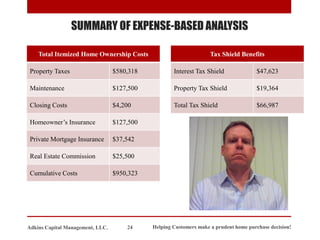Helping Customers make a prudent home purchase decision!
24
Adkins Capital Management, LLC.
SUMMARY OF EXPENSE-BASED ANALYSIS
Total Itemized Home Ownership Costs
Property Taxes $580,318
Maintenance $127,500
Closing Costs $4,200
Homeowner’s Insurance $127,500
Private Mortgage Insurance $37,542
Real Estate Commission $25,500
Cumulative Costs $950,323
Tax Shield Benefits
Interest Tax Shield $47,623
Property Tax Shield $19,364
Total Tax Shield $66,987
 
