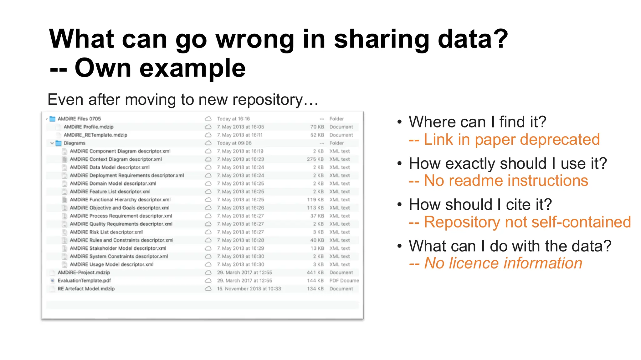 What can go wrong in sharing data?
-- Own example
• Where can I find it?
-- Link in paper deprecated
• How exactly should I use it?
-- No readme instructions
• How should I cite it?
-- Repository not self-contained
• What can I do with the data?
-- No licence information
Even after moving to new repository…
 