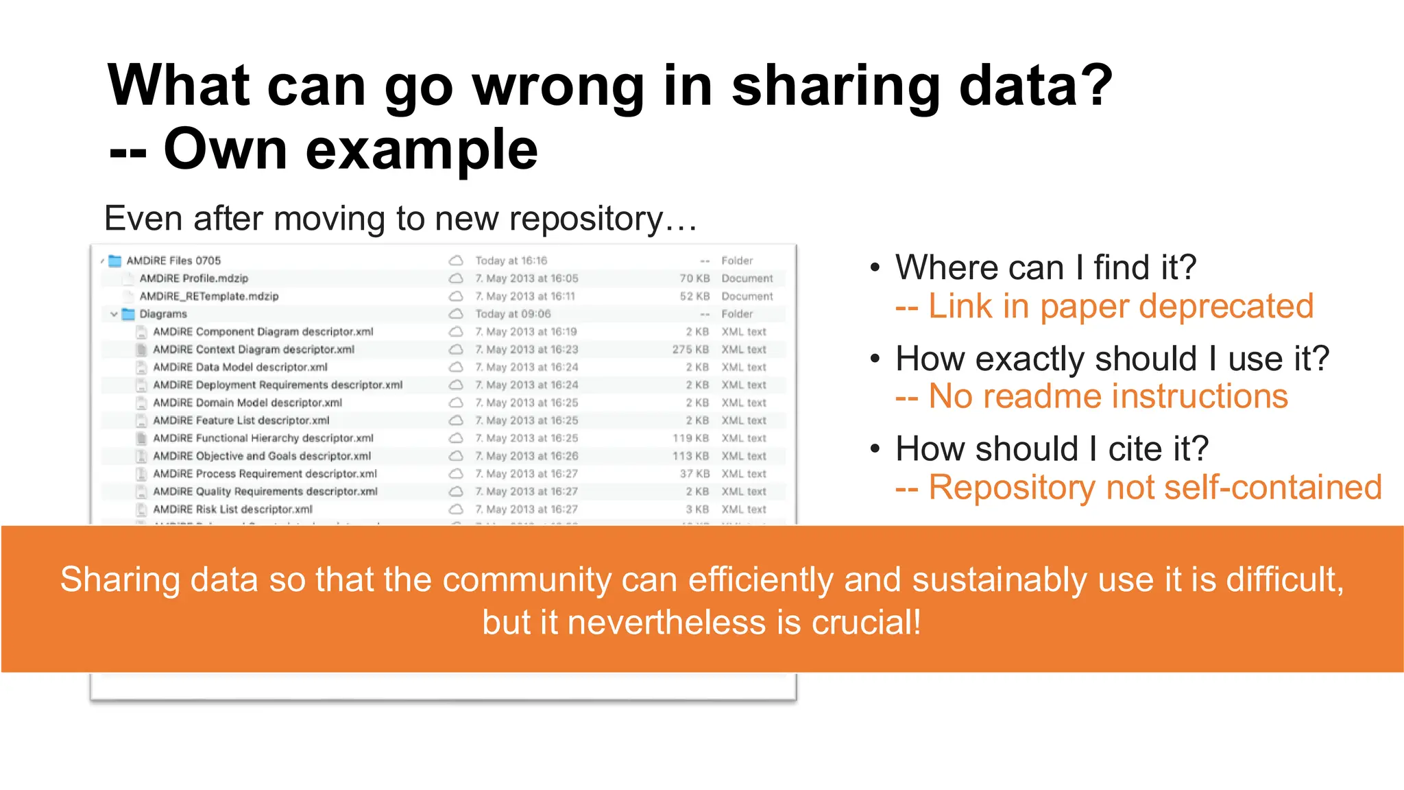What can go wrong in sharing data?
-- Own example
• Where can I find it?
-- Link in paper deprecated
• How exactly should I use it?
-- No readme instructions
• How should I cite it?
-- Repository not self-contained
• What can I do with the data?
-- No licence information
Even after moving to new repository…
Sharing data so that the community can efficiently and sustainably use it is difficult,
but it nevertheless is crucial!
 