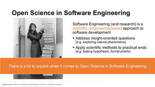 Open Science in Software Engineering
Software Engineering (and research) is a
scientific, engineering-based approach to
software development
▪ Address insight-oriented questions
(e.g. exploring natural phenomena)
▪ Apply scientific methods to practical ends
(e.g. testing hypothesis, formal proofs)
Food for thoughts:
1. Who is this person to the left?
2. Did she engage in Open Science?
Image Source: https://en.wikipedia.org/wiki/Margaret_Hamilton_(software_engineer)
There is a lot to unpack when it comes to Open Science in Software Engineering
 