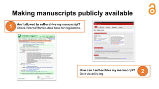 Making manuscripts publicly available
Am I allowed to self-archive my manuscript?
Check Sherpa/Romeo data base for regulations.
1
2
How can I self-archive my manuscript?
Do it via arXiv.org
 