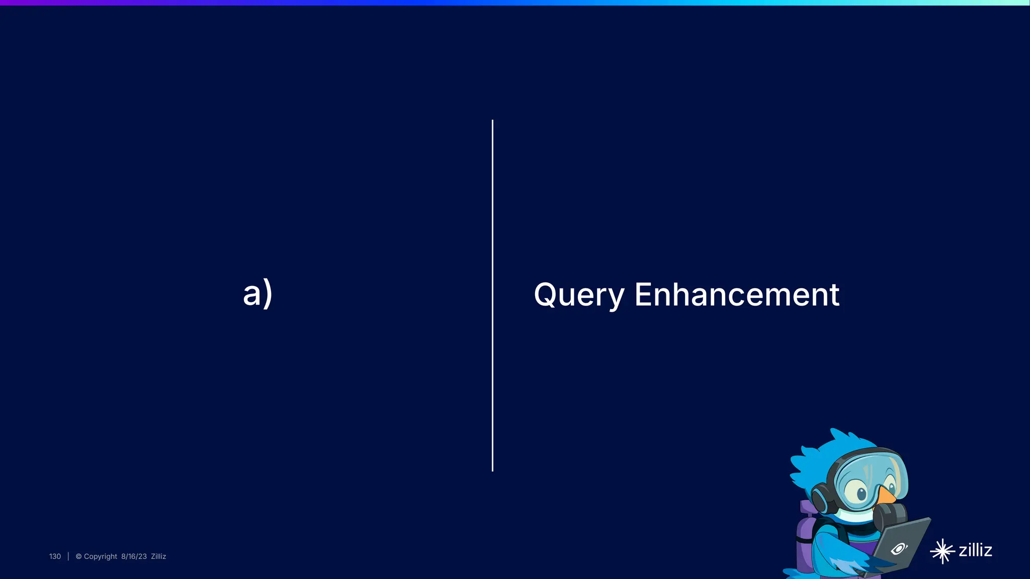 130 | © Copyright 2024 Zilliz
130
130 | © Copyright 8/16/23 Zilliz
130 | © Copyright 8/16/23 Zilliz
Query Enhancement
a)
 