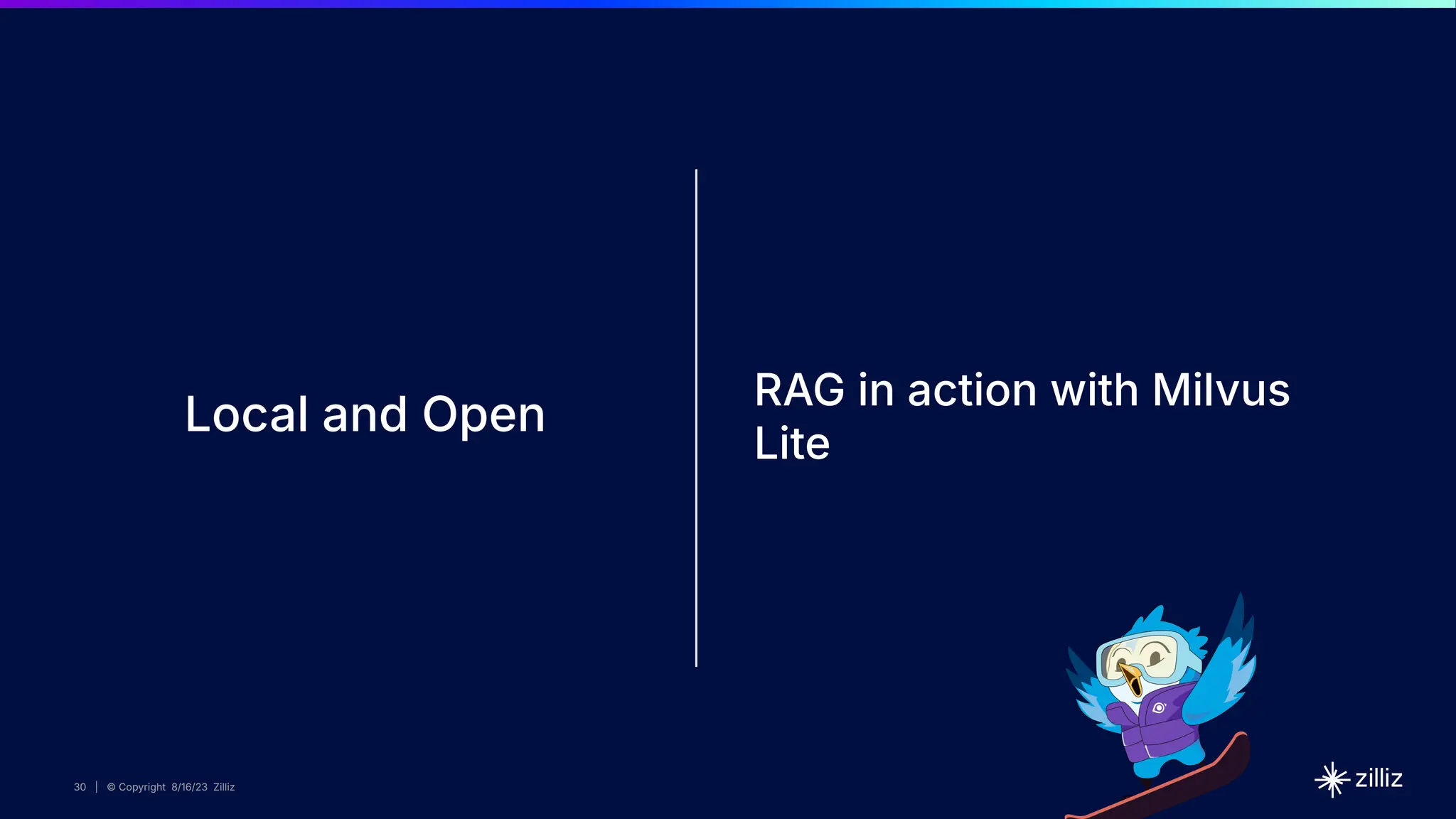 30 | © Copyright 2024 Zilliz
30
30 | © Copyright 8/16/23 Zilliz
30 | © Copyright 8/16/23 Zilliz
Local and Open
RAG in action with Milvus
Lite
 
