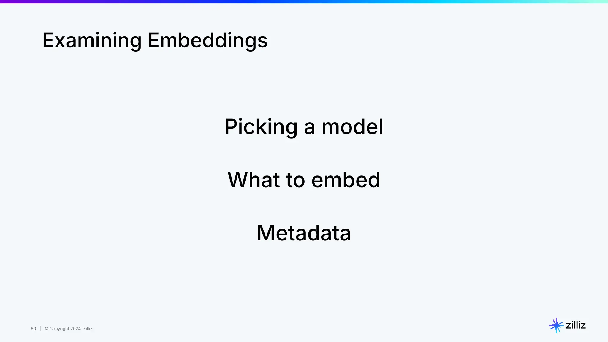 60 | © Copyright 2024 Zilliz
60
Examining Embeddings
Picking a model
What to embed
Metadata
 