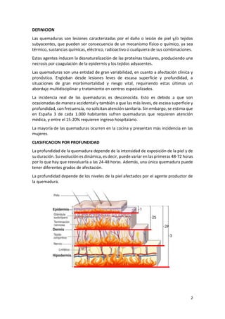 2
DEFINICION
Las quemaduras son lesiones caracterizadas por el daño o lesión de piel y/o tejidos
subyacentes, que pueden s...