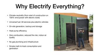 Why Electrify Everything?
• Climate-neutrality (from start of construction on
100% wind power with electric tools)
• Universal fuel: All services plus electric vehicles
• On-site generation, backup and storage
• Heat pump e
ffi
ciency
• Zero-combustion, reduced
fi
re risk, indoor air
quality
• No gas plumbing and infrastructure
• Simple math to track consumption and
generation
 
